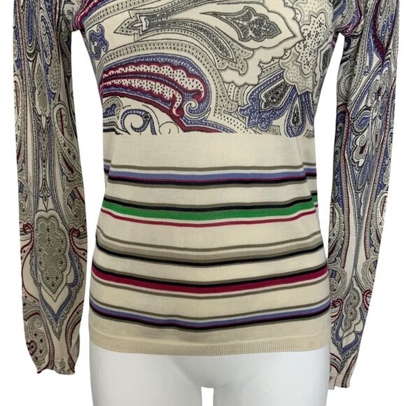 Etro Silk Sweater Italy 44 US 8 Paisley Striped V-Neck Long Sleeve DEFECTED - Picture 9 of 12